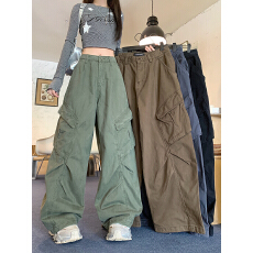 批发实拍 水洗全棉  美式宽松多口袋工装裤女阔腿hiphop爵士街舞长裤