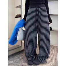 批发抽绳条纹阔腿裤女加绒加厚2025冬季新款欧货宽松休闲弯刀长裤