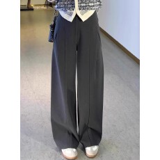 批发加厚灰色毛呢阔腿裤<b class='q'>女</b>秋冬宽松显瘦设计感褶皱直筒<b class='q'>西装</b>裤