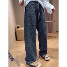 批发大码豹纹休闲裤女宽松慵懒阔腿裤秋冬胖MM高腰显瘦垂感设计感裤子
