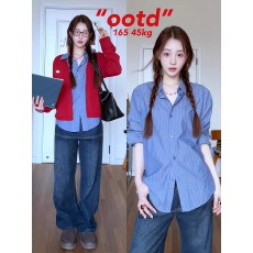 批发原版水洗<b class='q'>全棉</b>  复古蓝条纹长袖衬衫女春夏薄款新款开衫衬衣上衣