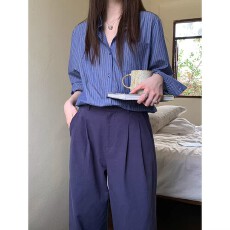 批发原版水洗全棉 复古条纹衬衫设计感翻领衬衣薄款长袖上衣