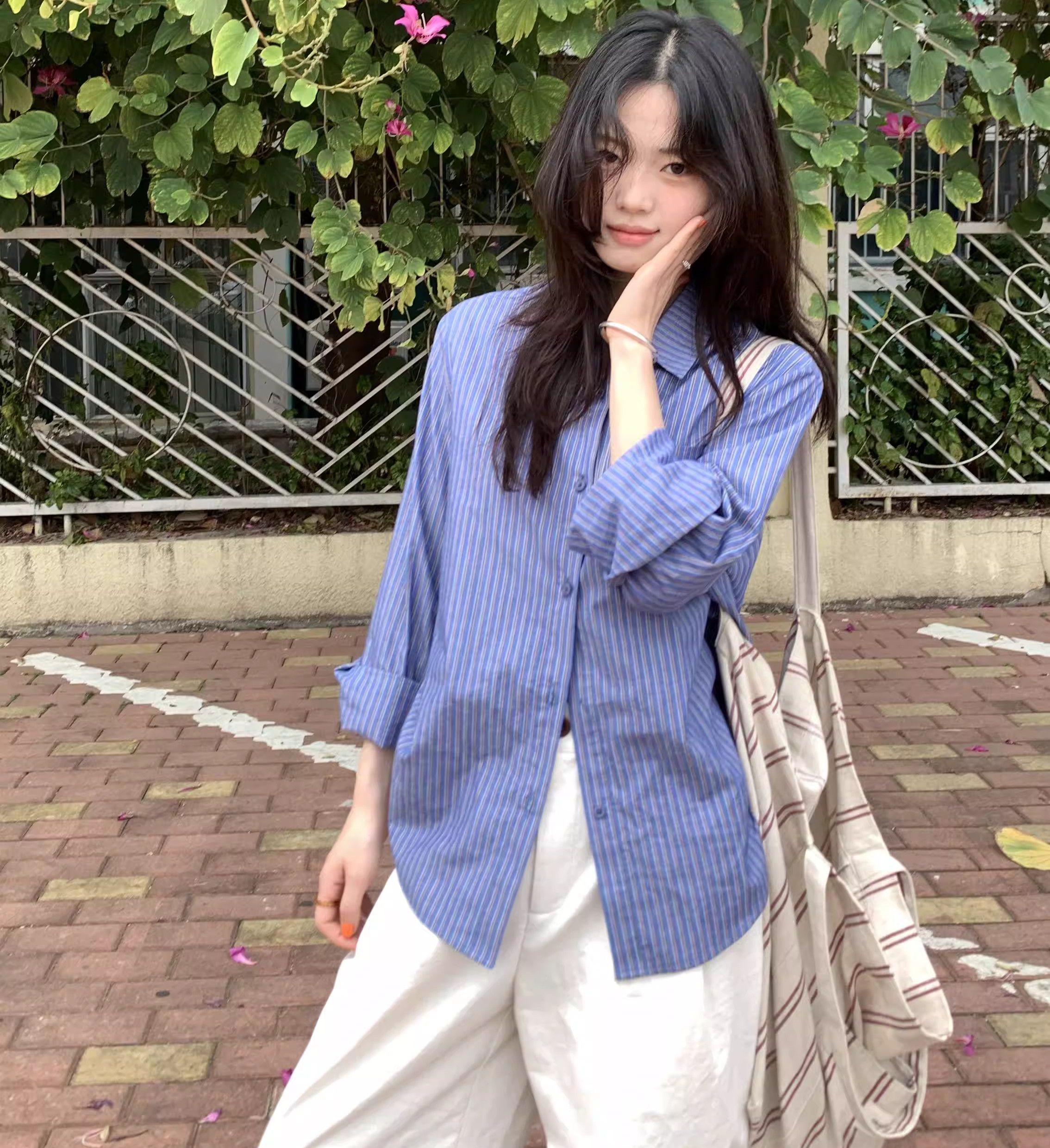한 부서 레트로 블루 스트라이프 긴팔 폴로 칼라 여성 셔츠 여름 워싱 면 100% 얇은 스타일 오픈 가디건 셔츠 맨위
