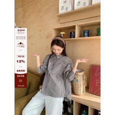 批发50%棉原版 咖格子<b class='q'>衬衫</b>女2026新款宽松长袖<b class='q'>衬衣</b>上衣