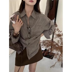 批发50%棉原版 新款设计感长袖格纹衬衫港风时髦感宽松polo领上衣女