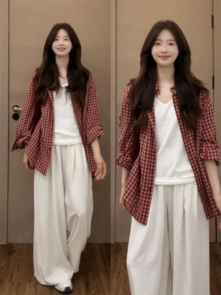 한 부서 레트로 빨간색 격자 무늬 셔츠 여성 코트 여름 얇은 스타일 루즈핏 느긋한 긴팔 자외선 차단 셔츠 맨위