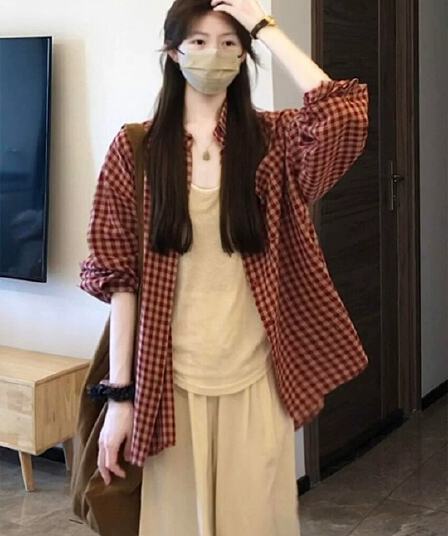 가을 체크무늬 외부 가져 가라. 자외선 차단 루즈핏 긴팔 셔츠 셔츠 여성 2026 새로운 프랑스식 사소한 맨위