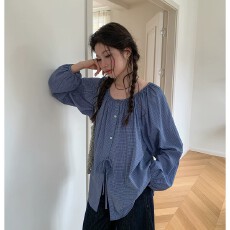 批发纯棉原加工  小众设计感蓝色格子长袖上衣女秋装宽松衬衫单穿法式