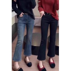 批发梨型身材裤子大码高腰弹力复古马蹄裤女春胖mm显瘦九分微喇牛仔裤