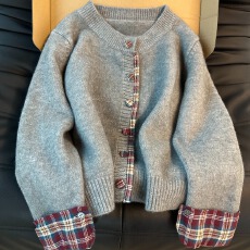 批发假两件韩系圆领拼接格子毛衣女2025秋冬新款宽松休闲开衫