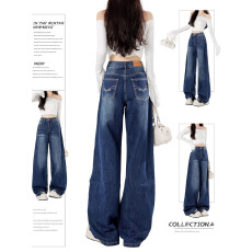 批发大码高腰阔腿牛仔裤女2025年秋冬新款梨形小个子慵懒宽松直筒裤子