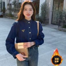 批发木耳领牛仔衬衫女加绒秋<b class='q'>冬</b>时尚叠穿春季新款宽松百搭加厚衬衣上衣