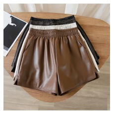 批发pu皮<b class='q'>短裤</b>女春秋2025新款<b class='q'>高腰</b>宽松显瘦阔腿裤黑色外穿秋冬a字皮裤