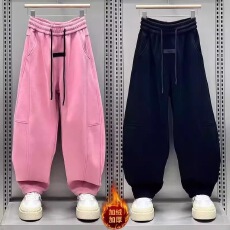 批发高个子加长款<b class='q'>胖</b>妹妹中性风加绒阔腿卫裤女秋冬高腰显瘦弯刀运动裤