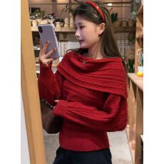 批发新年款韩系休闲一字肩针织衫女装秋冬季新款高级感独特毛衣上衣