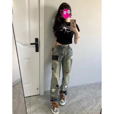 批发美式高街复古五角星贴皮补丁牛仔裤<b class='q'>男</b>女潮流街头嘻哈修身小脚长裤