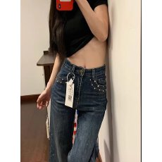 批发满天星闪闪带烫钻微喇牛仔裤女2026新款<b class='q'>高腰</b>垂感小个子阔腿喇叭裤