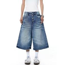 批发美式复古猫须纹水洗排扣<b class='q'>牛仔</b>七分裤<b class='q'>男</b>女cleanfit阔腿夏季新款<b class='q'>短裤</b>