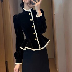 批发法式小香风黑色丝绒立领<b class='q'>衬衫</b>女秋季新款荷叶边收腰显瘦小众上衣潮