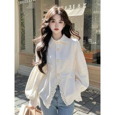批发高级感白色蕾丝拼接<b class='q'>衬衫</b>女2026春季新款设计感减龄洋气小衫上衣服