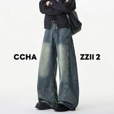 批发SHAPO春<b class='q'>秋</b>季男生美式重磅复古做旧牛仔裤男士宽松直筒阔腿长裤