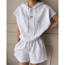 批发韩版简约<b class='q'>气质</b>字母贴布抽绳连帽卫衣女夏季新款高腰休闲短<b class='q'>裤</b>套<b class='q'>装</b>