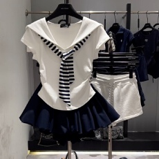 批发韩系一整套休闲<b class='q'>运动服</b>套装女夏季披肩海军领<b class='q'>T</b><b class='q'>恤</b>+云朵蓬蓬裙三件套