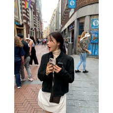 批发韩国chic秋季复古<b class='q'>帅气</b>翻领仿皮绒宽松百搭拉链短款长袖夹克外套女