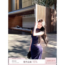 批发JAYKY YANG【雕塑女神】藏青色网纱正肩<b class='q'>背心</b>扭结开叉半身裙两件套