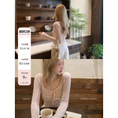 批发8uioio 云<b class='q'>樱</b>粉黛 粉色镂空针织衫女2025初秋新款长袖显瘦薄款上衣