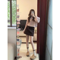 批发秋日ootd穿搭一整套韩系粉色毛针织衫慵懒上衣包臀短裙两件套装女