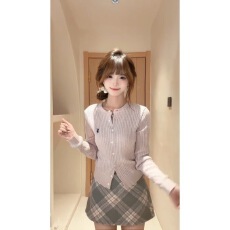 批发韩系chic别致穿搭粉色上衣麻花针织开衫女春秋季修身气质毛衣外套