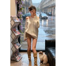 批发2025秋季新款辣妹慵懒风显瘦针织衫女白色长袖宽松气质露肩上衣潮