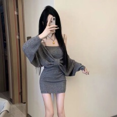 批发快手网红同款秋冬季性感露肩蝴蝶结上衣+针织吊带连衣裙两件套装