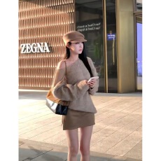 批发新款女2025秋季<b class='q'>纯</b>欲风辣妹长袖斜肩针织毛衣上衣高腰半身裙两件套