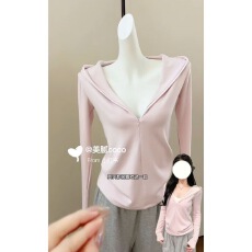 批发V领长袖连帽套头上衣女半拉链秋季修身堆积收腰简约显瘦基础百搭