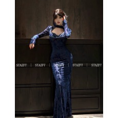 批发【小洋家原创】（蓝色妖姬）<b class='q'>纯</b>欲风蕾丝镂空长袖连衣裙SXYJL40758