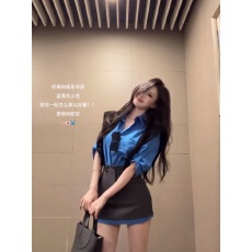 批发三件套套装巨好看减龄蓝色长袖衬衫半身裙两件套上衣女