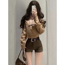 批发美式复古棕色皮衣外套女秋冬高级感炸街机车服短款百搭夹克上衣潮