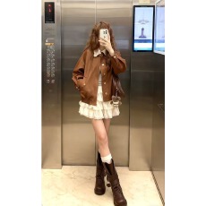 批发杨小卷 MIU系美拉德翻领<b class='q'>夹克</b>复古高级感棕色短<b class='q'>外套</b>女秋 可拆卸领