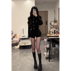 批发性感气质御姐飒酷简约外套上衣高腰显瘦短裤秋季新款女装两件套潮