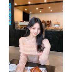 批发周耶耶 粉色马海毛露肩慵懒温柔风毛衣女秋冬新款一字肩上衣<b class='q'>纯</b>欲