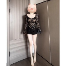 批发黑色草莓v领蕾丝衫女秋冬白色长袖内搭打底御姐性感紧身短款上衣