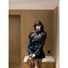 批发杭州意法复古藏青色格纹拼接双排扣风衣高端大气上档次<b class='q'>外套</b>2025冬