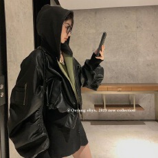 批发双面穿<b class='q'>机车</b>连帽pu<b class='q'>皮衣</b>外套女短款2024春秋新款高级感美式复古夹克