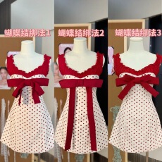 批发SYJ/舒衣家 甜辣妹性感方领红色吊带<b class='q'>连衣裙</b>女收腰蝴蝶结<b class='q'>波点</b>a字裙