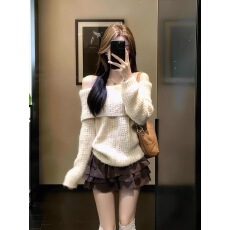 批发宋正恩甜辣杏色一字肩毛衣女冬季款韩系显瘦高级感长袖针织上衣