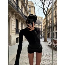 批发0122stepll 辣妹速成 黑色针织<b class='q'>套装</b>女高领正肩长袖上衣短裤两件套