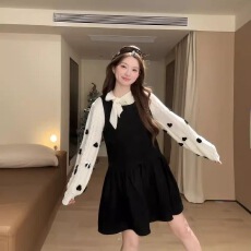 批发乌77少女感叠穿套装女韩系宽松<b class='q'>波点</b><b class='q'>连衣裙</b>蝴蝶结百搭毛衣两件套冬