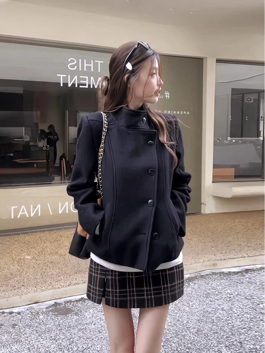 한 부서 학원 스타일 품격 검정색 스탠드 칼라 쇼트 스타일 모직 여성 코트 그는 벤 바람 슬림해 보이는 싱글 줄 버튼 모직 코트